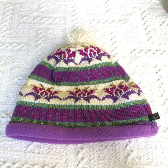 VTG 90s Y2K Turtle Fur Knit Pom Beanie Purple Fair-Isle Wool Blend OS USA Ski - Picture 5 of 10